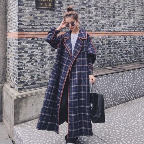 Retro Fashion Korean Plaid Windbreaker Mid-Length 2021 Spring Autumn New Hepburn Style Loose Thin Over-The-Knee Womens Jacket 5
