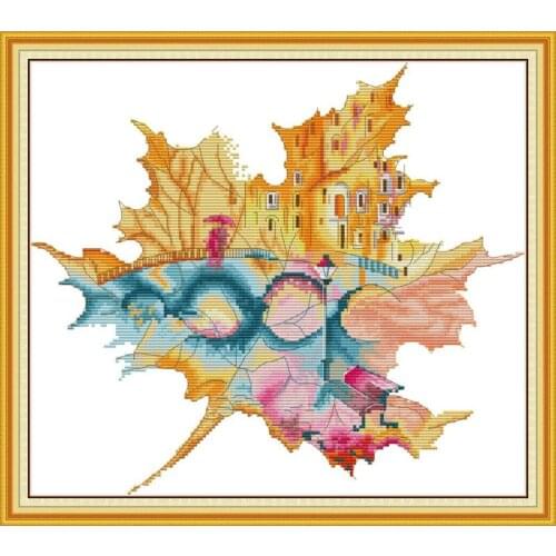 City In Maple Leaf Painting Cross Stitch Embroidery for Beginners Needlework Traditional Handmade Craft 11CT 14CT DIY Stitch Kit