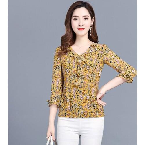 Womens Spring Summer Style Chiffon Blouses Shirt Womens Ruffles Three Quarter Sleeve V-neck Printed Korean Elegant Tops DD8611