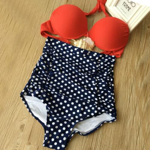 Ladies sexy Swimsuit Retro Ruched High Waist Bikini Set Floral Polka Dottted Vintage Swimwear Red Top or Dotted Bottom Plus Size
