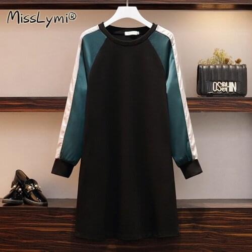 XL-5XL Plus Size Women Cotton Sweatshirt Dress Autumn 2020 Fashion Side Stripes Patchwork Long Sleeve Loose Casual Short Dresses