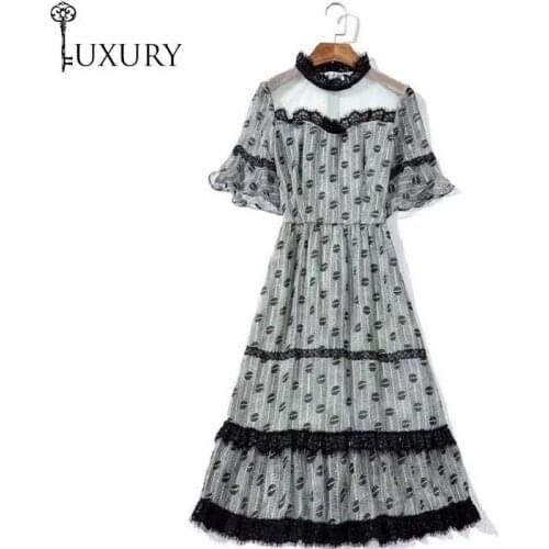 Quality Designer Fashion High Summer 2020 Women Color Block Print Sexy Sheer Mesh Lace Patchwork Short Sleeve Green Dress