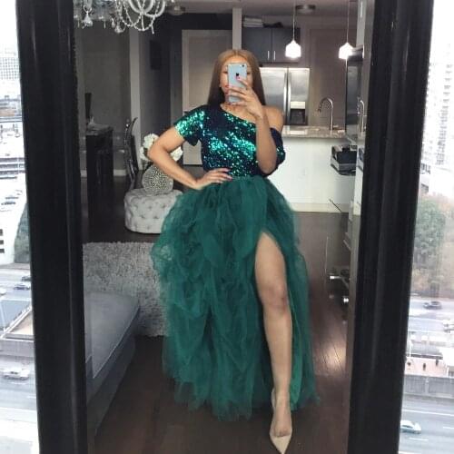 Abendkleider Cap Sleeves Emerald Green Evening Dresses Cheap abiye Robe De Soiree Tulle Side Slit Sequin Evening Dress Long