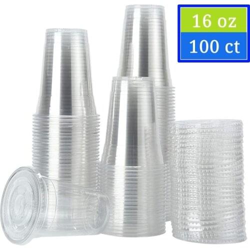 100 Sets 450ml (16 oz) Clear Plastic Cups with Lids Disposable Party Drinks,Clear Crystal