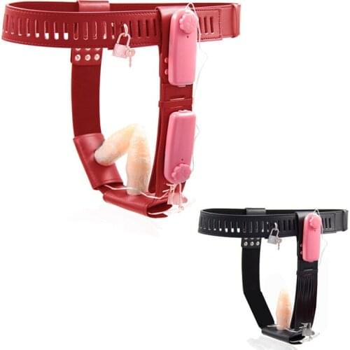 Female PU Vaginal Chastity Pants with 2 Removeable Vibrating Anal Plug & Vaginal Plug Couple Sex Game Flirtting Sex Toy G7-5-67