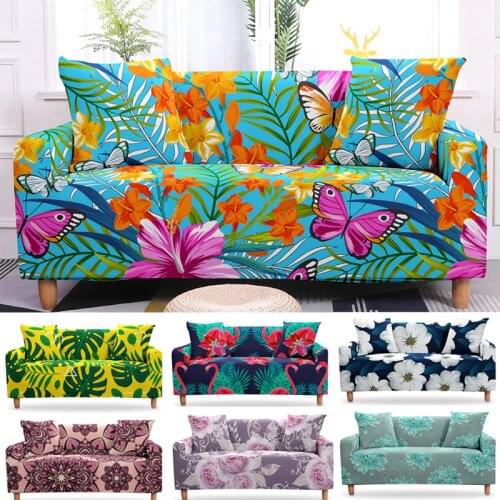 Stretch Sofa Cover for Living Room Elastic Slipcovers Butterfly Tropical Leaves Flower Armchair 1/2/3/4 Seaters Couch Cover