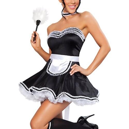 Hot Sale Black Cute Strapless Lace Trim Adult French Maid Cosplay Costume Fancy dress Sexy Halloween Costume W348194