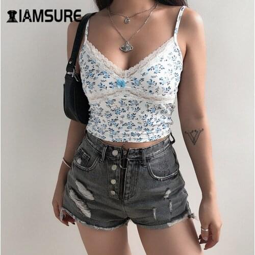 IAMSURE Small Flower Print Lace Edge Sexy V-Neck Aesthetic 90s Crop Tops For Women Summer Home Fashion Leisure Female Tank Tops
