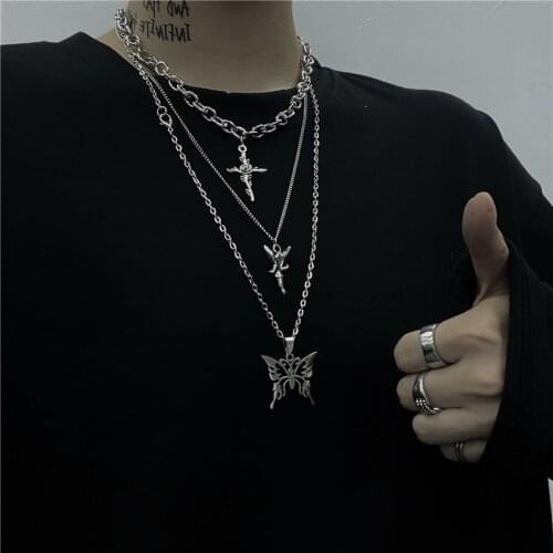Kpop Gothic Harajuku Multi-layer Angel Cross Rose Butterfly Pendant Chains Necklace For Egirl Women Men Punk Aesthetic Jewelry