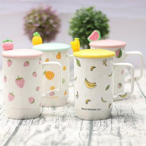 Ceramic Hand Painted Strawberry Banana Coffee Mug with Spoon and Lid Set Porcelain Milk Juice Lemon Cup Office Teacup Drinkware