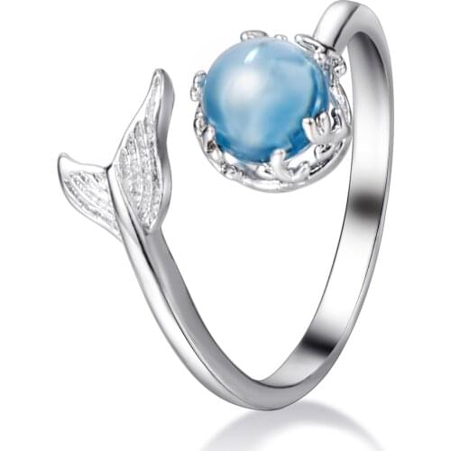 Silver Color Fishtail Blue Gem Crystal Mermaid Bubble Open Rings For Women Creative Fashion Party Birthday Gift Jewelry