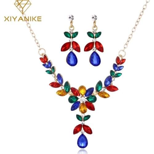 XIYANIKE Colorful Crystal Jewelry Sets for Women Statement Necklace Pendant Women Rhinestone Drop Earrings Fashion Jewelry N390