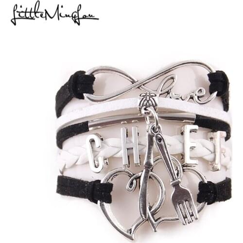 Little Ming Lou Infinity Love CHEF bracelet Knife and fork double heart charms leather men bracelets & bangles for women jewelry