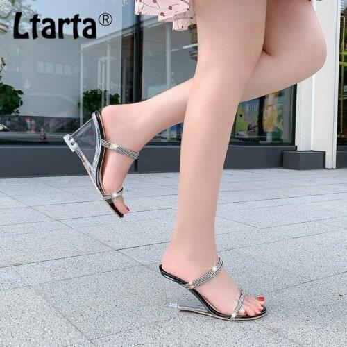 LTARTA Womens Double Purpose Crystal Transparent Slanted Heel Sandals Summer Line Womens Slippers Sexy High Heels WZ-C8-7