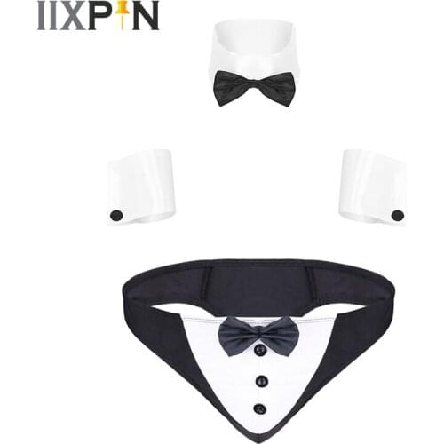 Mens Waiter Role Play Costume Sissy Lingerie Set Sexy Men Bowknot Buttons Briefs Underwear With Collar And Cuffs Sexy Clubwear