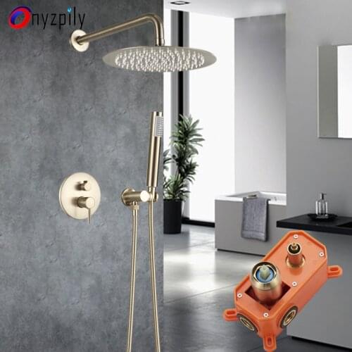Onyzpily Bathroom Shower Faucets Set Brushed Gold Rain Waterfall 8/10/12 Inch Wall Mount Concealed Shower System Bathtub Shower