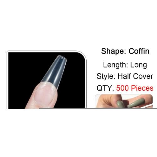 500PCS Clear Natural False Nail Tips T Shape Half Cover French Coffin Fake Nails for Extension Fingernails UV Gel Manicure Tools