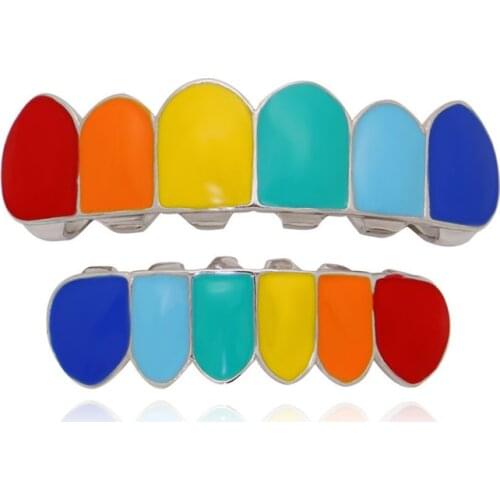 OMYFUN Enamel Teeth Grillz Set Hip Hop Teeth Grillz Women Men Fake Teeth Cap Rainbow Silver Color Dental Grills Free Shipping