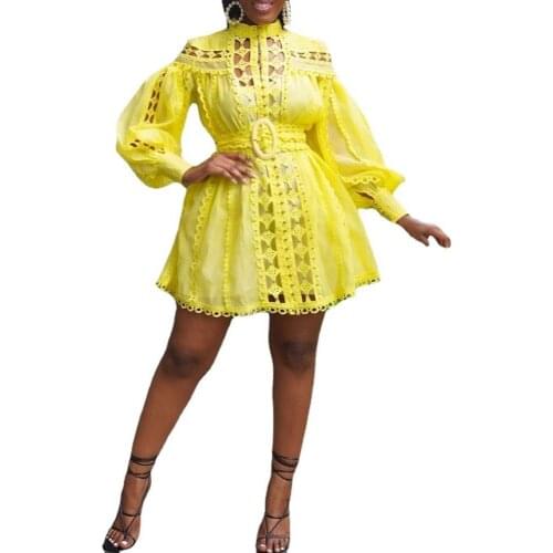 Stand Collar Lantern Sleeve Lace Stitching Hollow Through Elegant Sexy Dress For Women Party Clothes Yellow Mini Dress Vestidos