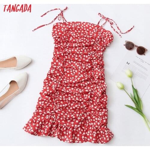 Tangada 2021 Fashion Women Red Flowers Print Strap Dress Sleeveless Backless Zipper Female Mini Dress QW104