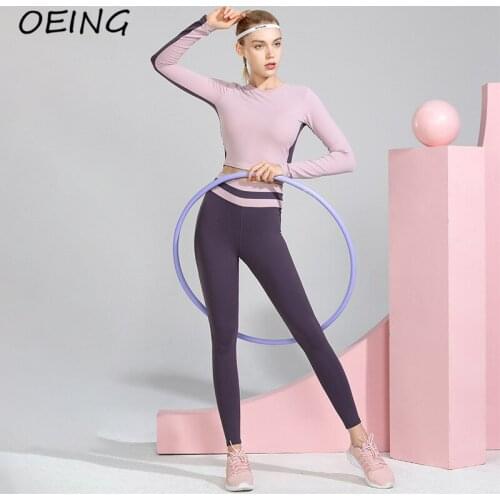 Fitness Stripe Patchwork Long Sleeve Crop Tops Sets Paded Workout 2 Piece Sport Wear Gym Clothes Legging Set