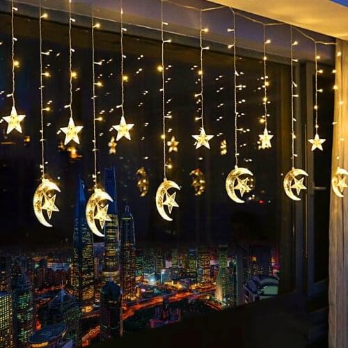 2.5M 110V/220V LED Moon Star Curtain light Lamp Christmas Icicle String lights For Ramadan Wedding Party Decoration Garland