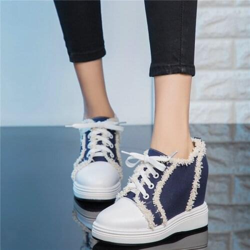 Platform Pumps Shoes Women Lace Up Genuine Leather Wedges High Heel Vulcanized Shoes Female Canvas Round Toe Fashion Sneakers