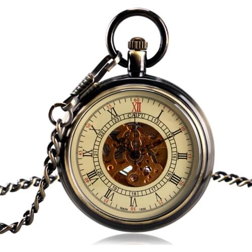 Vintage Roman Numbers Open Face Bronze Pocket Watch Mechanical Automatic Self Wind Clock Time With 30 cm Chain Fob Watches