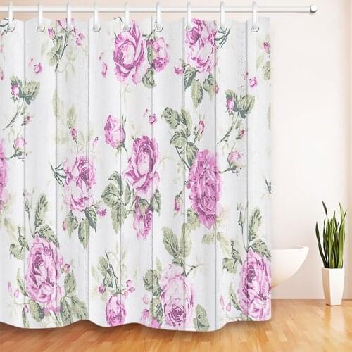 180*180 Waterproof Shower Curtain Purple Flowers on White Rustic Wood Board Bathroom Curtains Fabric for Bathtub Home Decor