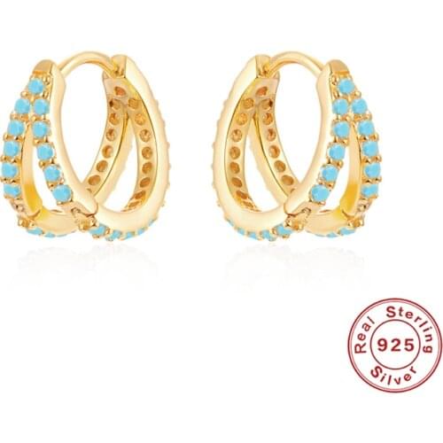 925 Sterling Silver Hoop Earrings For Women Turquoise Double Row Zircon Crystal Piercing Earring Luxury Round Jewelry Pendientes