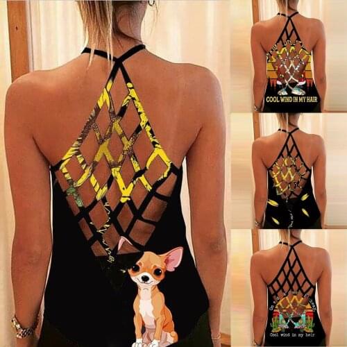 Ladies Fashion Summer Sleeveless Halter Cross-Tie Personalized Printing Vest Hollow Out Grid Exposed Back Solid Color Sexy Vest