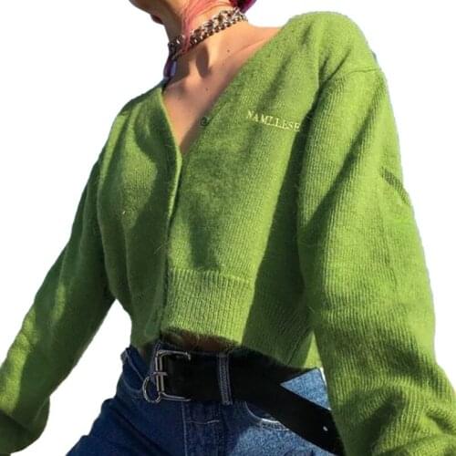 Womens Casual Long Sleeve Cardigan Fashion Letter Embroidery Single-breasted Knitted Coat Spring Autumn