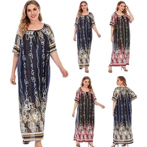 Women Printed Long Dress Loose Casual Short Sleeve Summer Maxi Robe Muslim Abaya Eid Mubarak Middle East Arab O-neck Abayas New