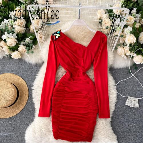 Women Autumn Long Sleeve Bodycon Sexy Party Dress Pleated Slim Mini Fashion Woman Short Red Christmas Elegant Dresses