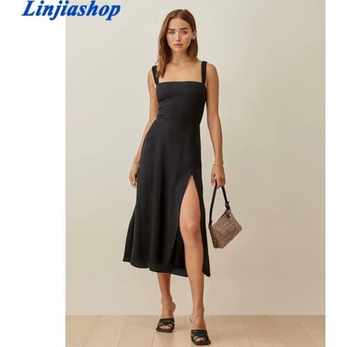 Vintage Black Women Midi Dress Chic Chiffon Tank Dress Retro Sleeveless Summer Dresses Elegant Split Vestidos