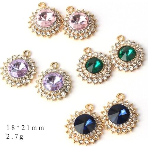 10pcs/lot Green Blue Purple Pink Round Rhinestone Dangle Handmade Charms Pendant DIY for Bracelet Necklace Bag