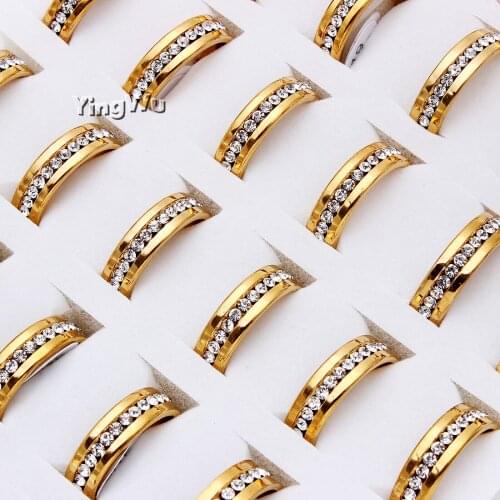 Yingwu Charm Rhinestone Crystal Stainless Steel Rings Women Mens Gold Wedding Rings Jewery Gifts 5pcs Lot