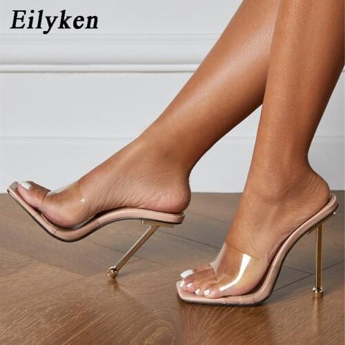 Eilyken Summer Sexy PVC Transparent Jelly Slippers Slides Square Toe Metal High Heels Womens Stiletto Sandals Shoes Size 35-42