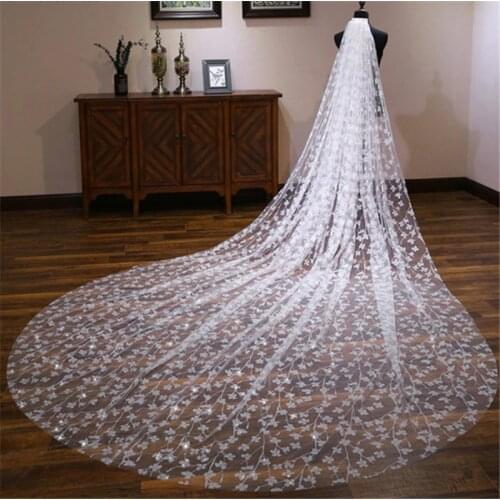 Long Bridal Veil Sparkly Bling Bling White Gold Floral Leaves Cathedral Shiny Wedding Veil With Comb 3.5Meters velo de novia