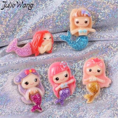 Julie Wang 12pcs 6 Colors For Choose Shine Resin Mermaid Shape Charms Hair Accessories Kawaii Ornament Crafts Jewelry Findings
