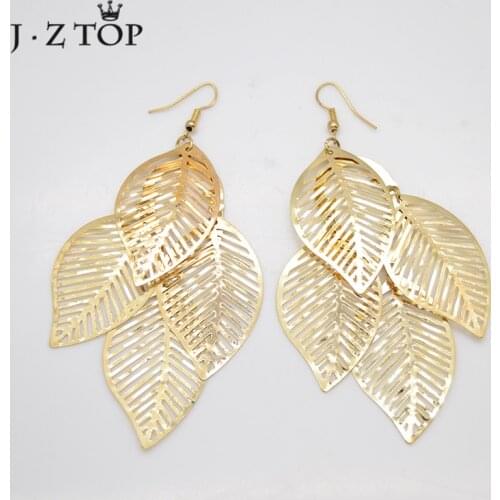 JZTOP Vintage Gold Silver Color Metal Leaf Tassel Long Dangle Earring Women Hollow Leaves Drop Earring Wedding Brinco Jewelry