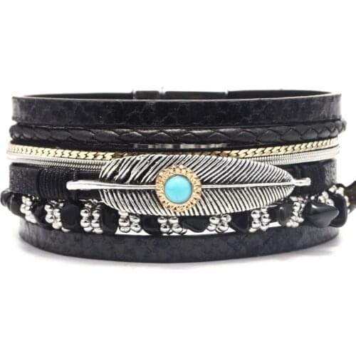 Kirykle Women Multi-layer Leather Feather Shape Accessories Jewelry Leather Bracelet For Birthday Present Christmas Gift