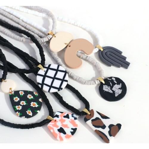 Lifefontier Handmade Polymer Clay Choker Necklaces for Women Geometric Pendant White Black Surfer Beads Chain Necklace Jewelry