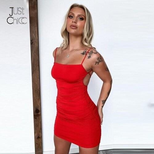 Justchicc Ruched Red Mini Bodycon Dress Women Sexy Backless Night Club Party Dresses Spaghetti Strap Summer Dress Solid Vestidos