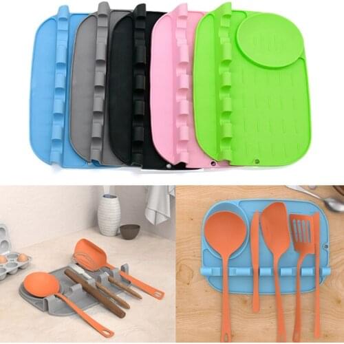 Kitchen Silicone Multi Slots Utensil Rest with Drip Pad Large Heat-Resistant Spoon Shovel Spatula Holder Mat Organizer