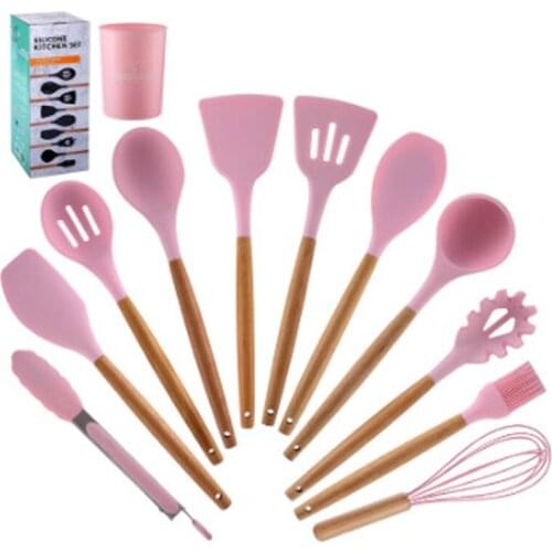 Household Silicone Non-stick Cooking Spatula Spoon Wooden Handle Kitchenware Kitchen Set Pink Kitchen Accessories with Bucket