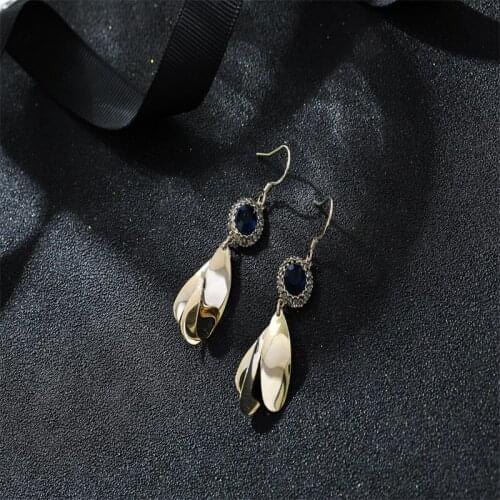 Trendy Gold Color Leaves Shaped Stud Earring Bling Iced Out AAA Zircon Blue Crystal Rhinestone Earrings for Wedding Jewelry