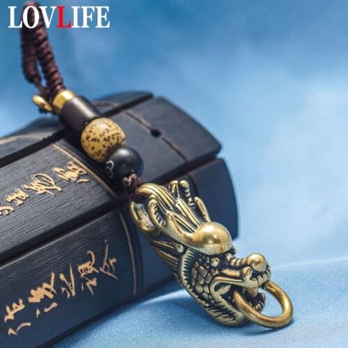Men Car Key Rings Pendants Pure Brass Dragon Head Keychain Keyring Charms Gifts Vintage Copper Beast Woven Rope Hanging Jewelry