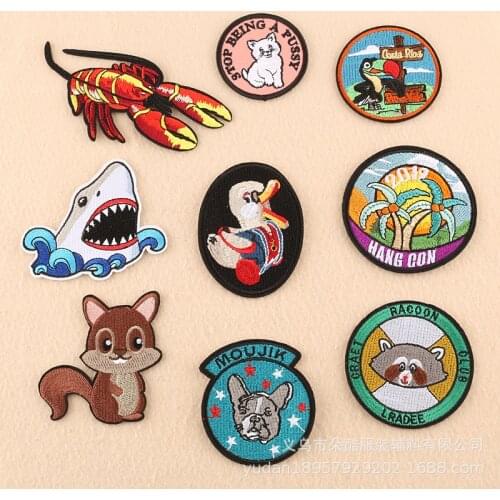 50pcs/Lot Embroidery Patches Letters Clothing Decoration Accessories Lobster Shark Cat Diy Iron Heat Transfer Applique Round