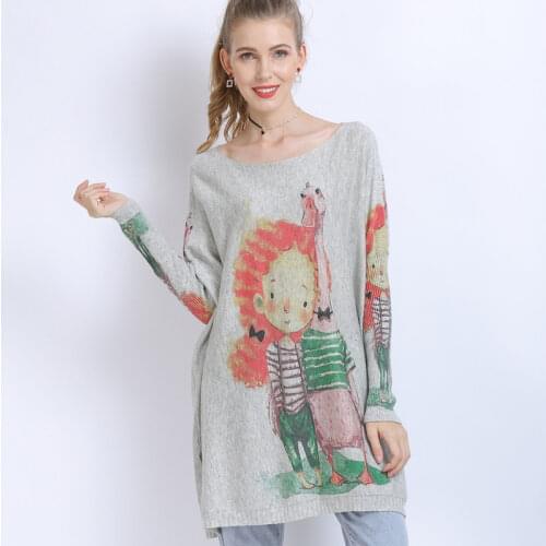 2020 New Girl Print Jumper Casual Wool Knitted Sweaters Pull Batwing Sleeve Oversized Women Sweaters Warm Long Pullovers Dresses